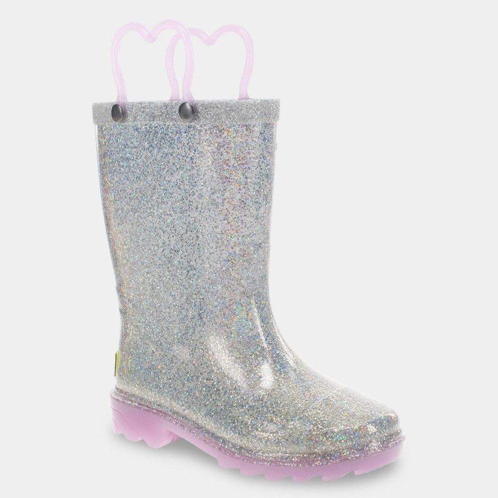 Girls Western Chief Light Up Glitter Rain Boots Silver‎ Size 5T New With Tags